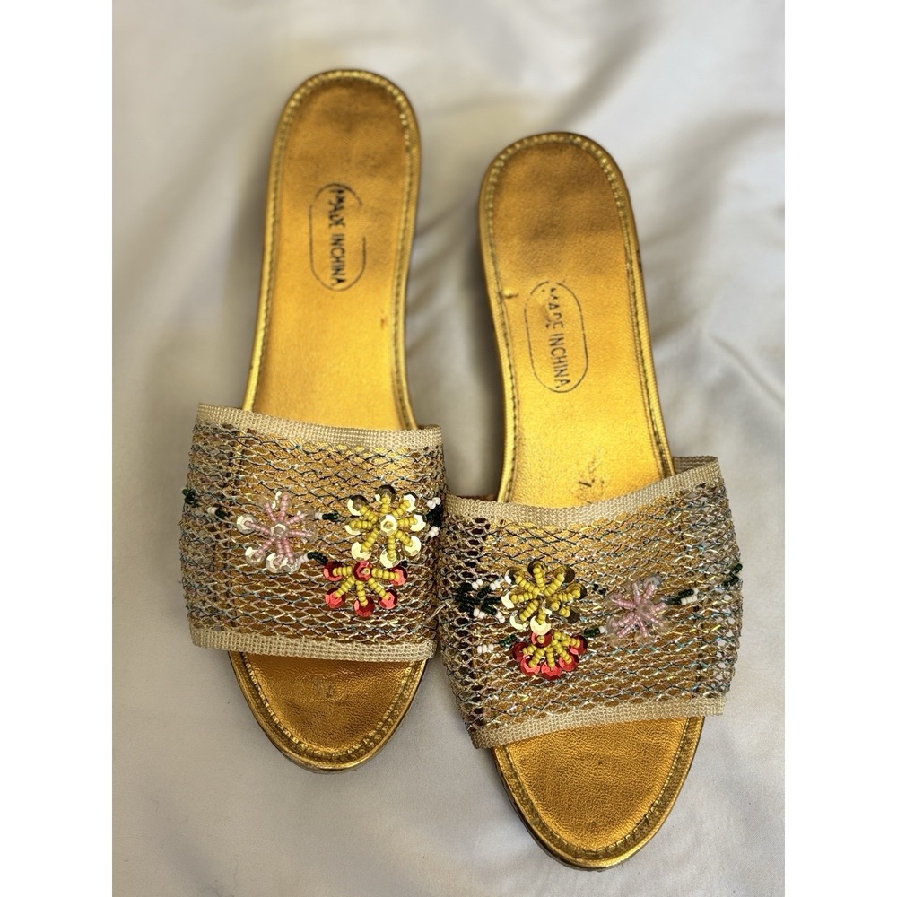 Vintage Metallic Floral Beaded Mule Slip On Shoes 7.5/8